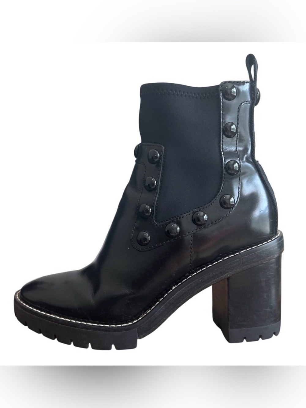 Tory Burch Preston Studded Bootie Black Leather Lug Sole Boots Size 7